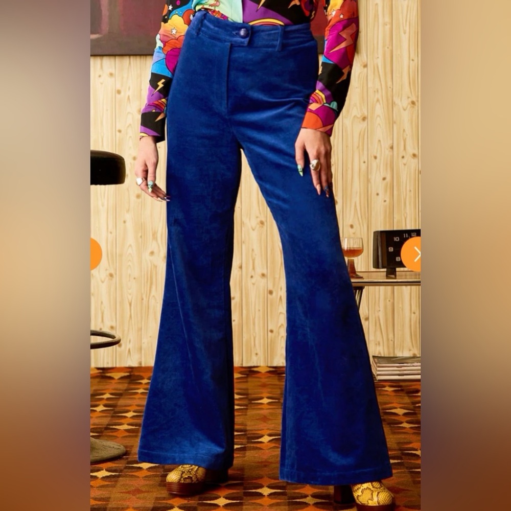 The Hippie Shake New Moonage Daydream Blue Velvet Flared Trouser Pants, Sz 12 US